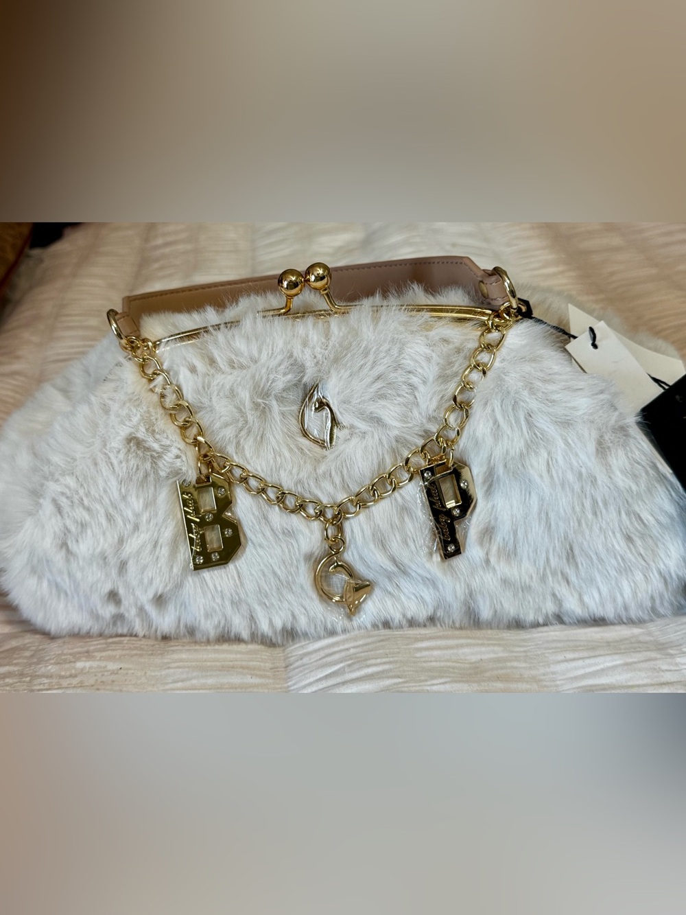 Baby Phat Cream Faux Fur Chain Charm Clutch with Gold Accents